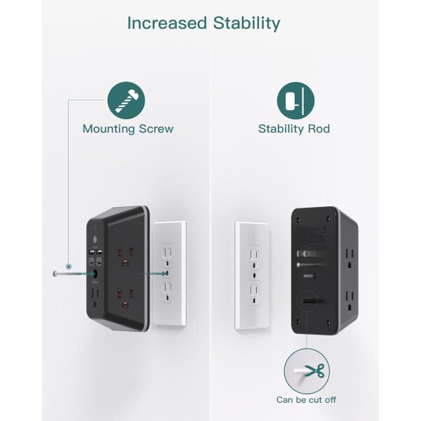 Addtam - Protector de sobretensiones, extensor de salida con luz nocturna, divisor de 5 salidas y 4 puertos USB (1 USB C), enchufe múltiple para el hogar, oficina, dormitorio, artículos esenciales - Image 13