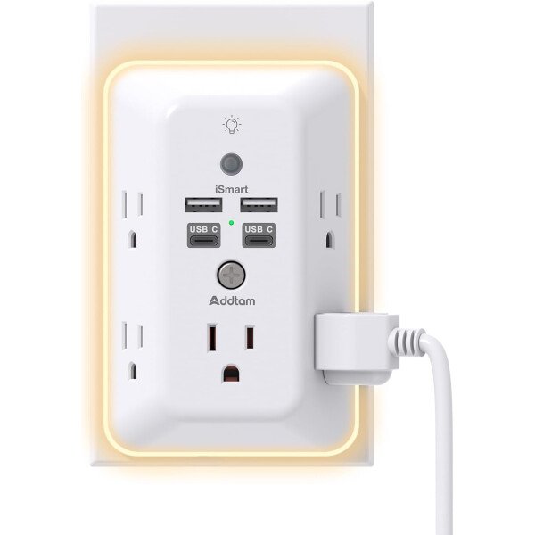 Addtam - Protector de sobretensiones, extensor de salida con luz nocturna, divisor de 5 salidas y 4 puertos USB (1 USB C), enchufe múltiple para el hogar, oficina, dormitorio, artículos esenciales - Image 14