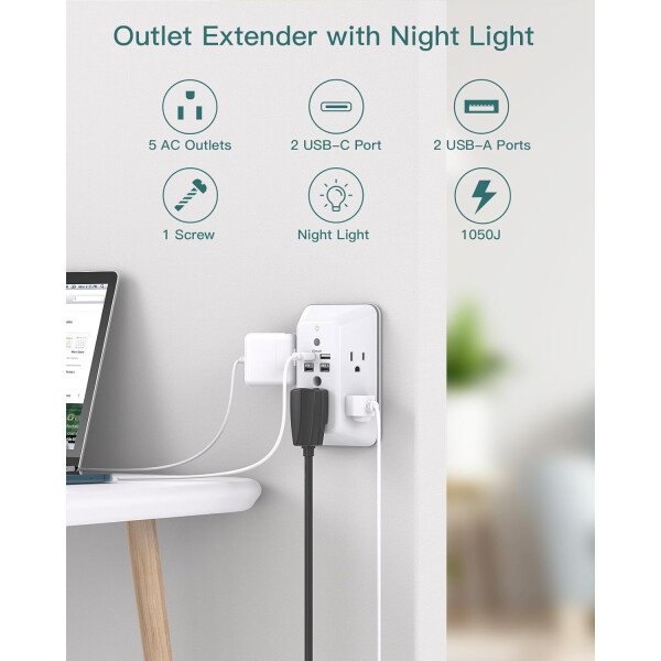 Addtam - Protector de sobretensiones, extensor de salida con luz nocturna, divisor de 5 salidas y 4 puertos USB (1 USB C), enchufe múltiple para el hogar, oficina, dormitorio, artículos esenciales - Image 15