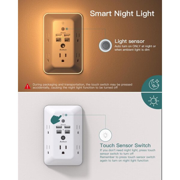 Addtam - Protector de sobretensiones, extensor de salida con luz nocturna, divisor de 5 salidas y 4 puertos USB (1 USB C), enchufe múltiple para el hogar, oficina, dormitorio, artículos esenciales - Image 16