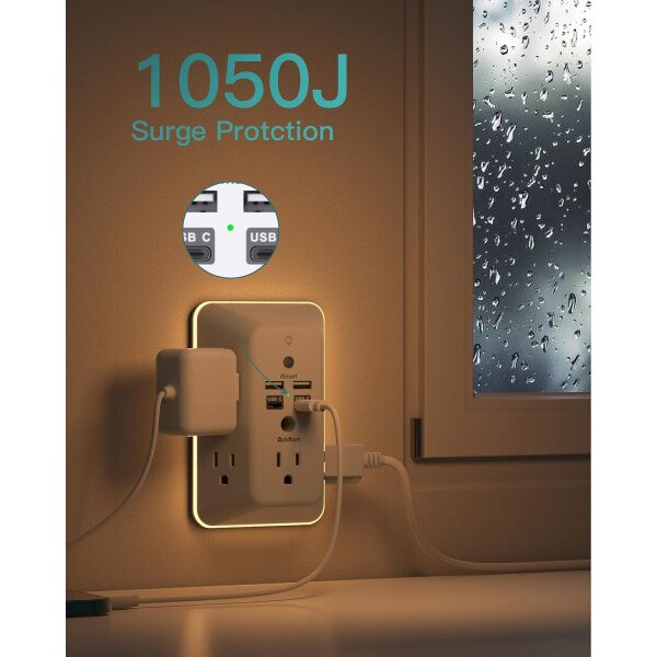 Addtam - Protector de sobretensiones, extensor de salida con luz nocturna, divisor de 5 salidas y 4 puertos USB (1 USB C), enchufe múltiple para el hogar, oficina, dormitorio, artículos esenciales - Image 20