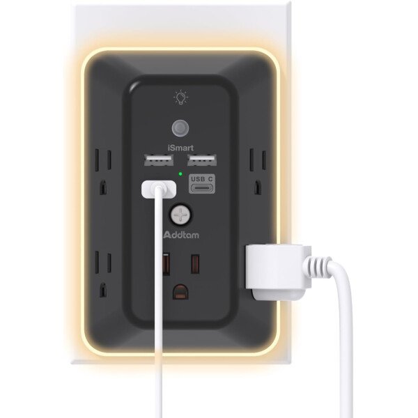 Addtam - Protector de sobretensiones, extensor de salida con luz nocturna, divisor de 5 salidas y 4 puertos USB (1 USB C), enchufe múltiple para el hogar, oficina, dormitorio, artículos esenciales - Image 21