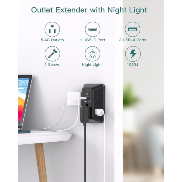 Addtam - Protector de sobretensiones, extensor de salida con luz nocturna, divisor de 5 salidas y 4 puertos USB (1 USB C), enchufe múltiple para el hogar, oficina, dormitorio, artículos esenciales - Image 22
