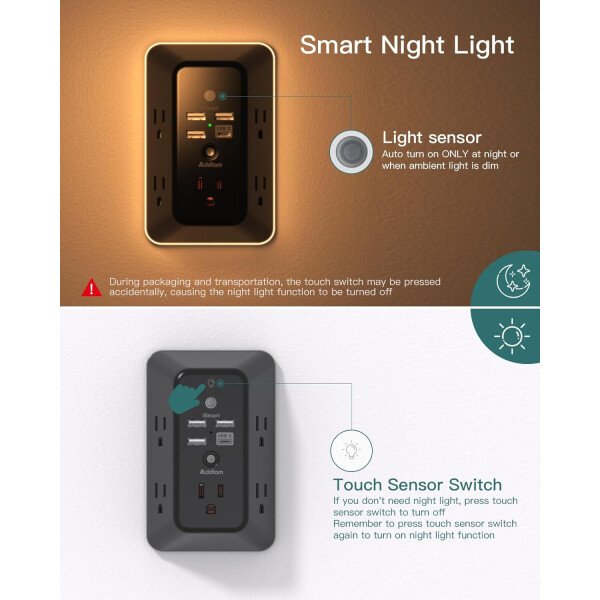 Addtam - Protector de sobretensiones, extensor de salida con luz nocturna, divisor de 5 salidas y 4 puertos USB (1 USB C), enchufe múltiple para el hogar, oficina, dormitorio, artículos esenciales - Image 23