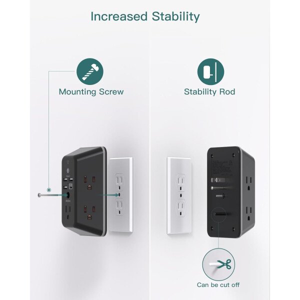 Addtam - Protector de sobretensiones, extensor de salida con luz nocturna, divisor de 5 salidas y 4 puertos USB (1 USB C), enchufe múltiple para el hogar, oficina, dormitorio, artículos esenciales - Image 24