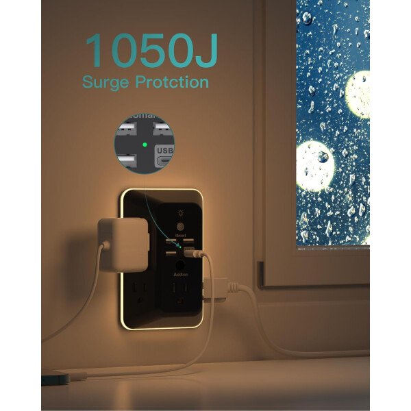 Addtam - Protector de sobretensiones, extensor de salida con luz nocturna, divisor de 5 salidas y 4 puertos USB (1 USB C), enchufe múltiple para el hogar, oficina, dormitorio, artículos esenciales - Image 27