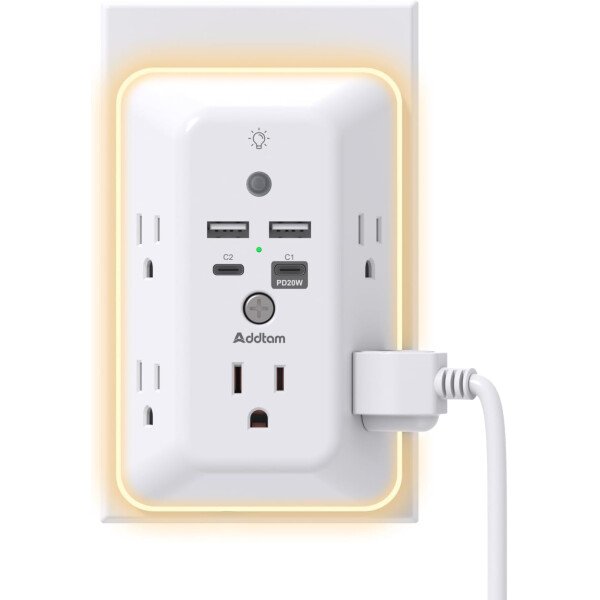 Addtam - Protector de sobretensiones, extensor de salida con luz nocturna, divisor de 5 salidas y 4 puertos USB (1 USB C), enchufe múltiple para el hogar, oficina, dormitorio, artículos esenciales - Image 28