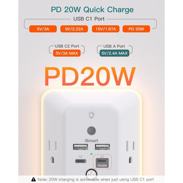 Addtam - Protector de sobretensiones, extensor de salida con luz nocturna, divisor de 5 salidas y 4 puertos USB (1 USB C), enchufe múltiple para el hogar, oficina, dormitorio, artículos esenciales - Image 29