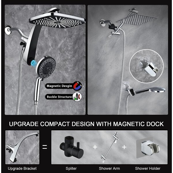 High Pressure Rain Shower Head: Upgrade Shower Heads with Handheld Spray Combo with Fixed Showerhead and 10 Sprays Handheld Shower Head, Detachable Shower head Built-in Magnetic Docking and Power Jets - Imagen 6