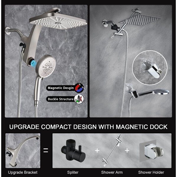 High Pressure Rain Shower Head: Upgrade Shower Heads with Handheld Spray Combo with Fixed Showerhead and 10 Sprays Handheld Shower Head, Detachable Shower head Built-in Magnetic Docking and Power Jets - Imagen 13