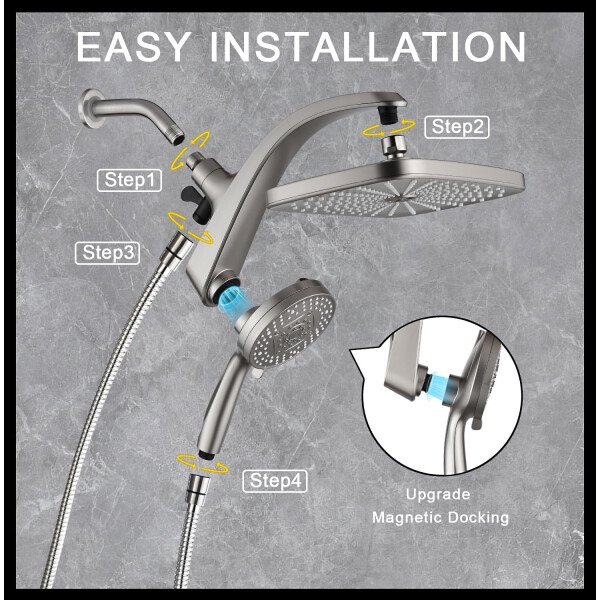 High Pressure Rain Shower Head: Upgrade Shower Heads with Handheld Spray Combo with Fixed Showerhead and 10 Sprays Handheld Shower Head, Detachable Shower head Built-in Magnetic Docking and Power Jets - Imagen 15