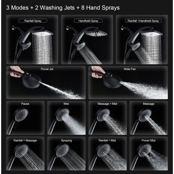 High Pressure Rain Shower Head: Upgrade Shower Heads with Handheld Spray Combo with Fixed Showerhead and 10 Sprays Handheld Shower Head, Detachable Shower head Built-in Magnetic Docking and Power Jets - Imagen 17