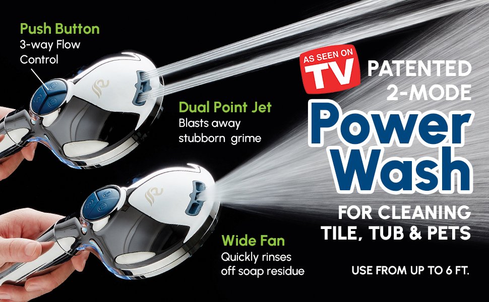 Patented 2-mode Power Wash for Cleaning Tile, Tub & Pets