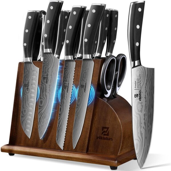 Juego de cuchillos para cocina con bloque, 17 piezas con soporte magnético para cuchillos, acero inoxidable alemán de alto carbono, patrón de damasco, juego de cuchillos de chef