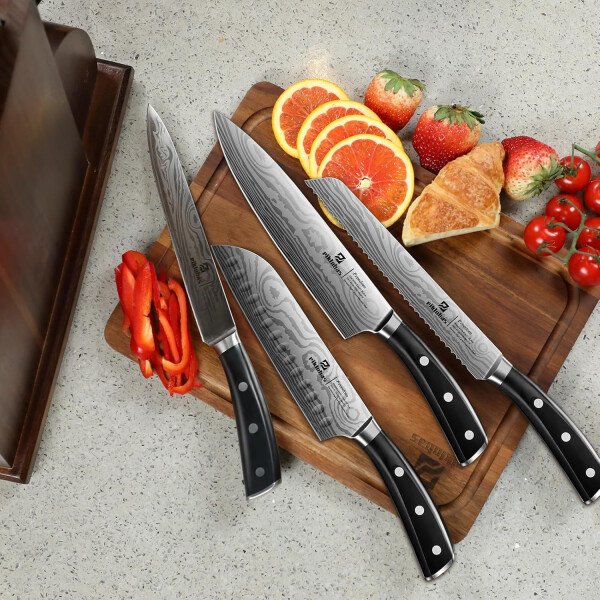 Juego de cuchillos para cocina con bloque, 17 piezas con soporte magnético para cuchillos, acero inoxidable alemán de alto carbono, patrón de damasco, juego de cuchillos de chef - Imagen 2