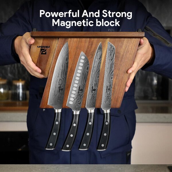 Juego de cuchillos para cocina con bloque, 17 piezas con soporte magnético para cuchillos, acero inoxidable alemán de alto carbono, patrón de damasco, juego de cuchillos de chef - Imagen 4