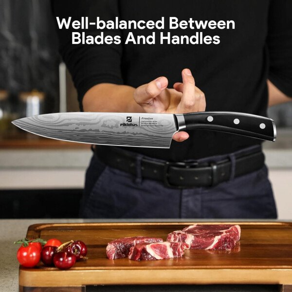 Juego de cuchillos para cocina con bloque, 17 piezas con soporte magnético para cuchillos, acero inoxidable alemán de alto carbono, patrón de damasco, juego de cuchillos de chef - Imagen 7