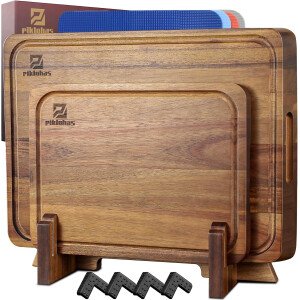 Juego de 7 tablas de cortar grandes, tabla de cortar de madera de acacia para cocina con soporte pies antideslizantes, alfombrillas de plástico para servir, ranura para jugo, bloque de carnicero
