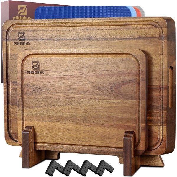 Juego de 7 tablas de cortar grandes, tabla de cortar de madera de acacia para cocina con soporte pies antideslizantes, alfombrillas de plástico para servir, ranura para jugo, bloque de carnicero