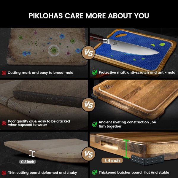 Juego de 7 tablas de cortar grandes, tabla de cortar de madera de acacia para cocina con soporte pies antideslizantes, alfombrillas de plástico para servir, ranura para jugo, bloque de carnicero - Imagen 3