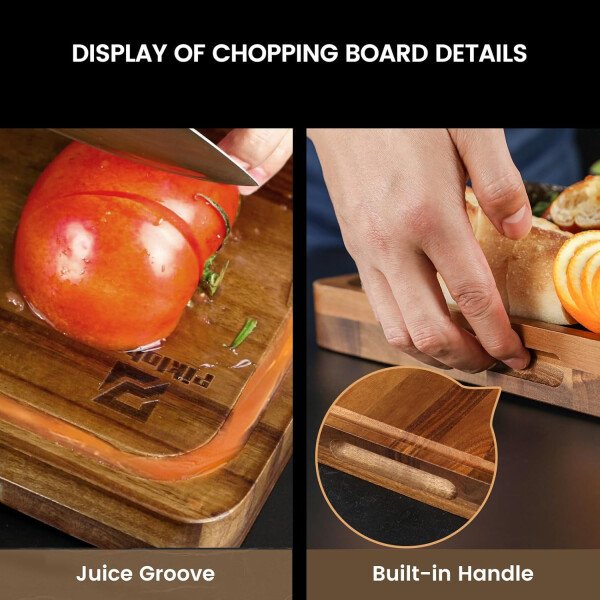 Juego de 7 tablas de cortar grandes, tabla de cortar de madera de acacia para cocina con soporte pies antideslizantes, alfombrillas de plástico para servir, ranura para jugo, bloque de carnicero - Imagen 5