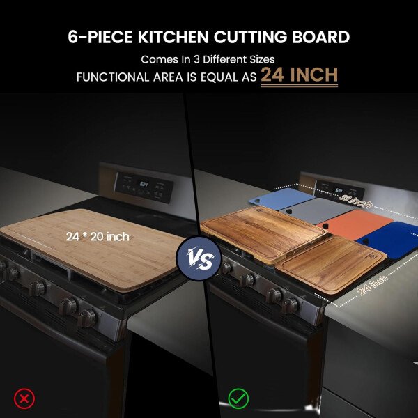Juego de 7 tablas de cortar grandes, tabla de cortar de madera de acacia para cocina con soporte pies antideslizantes, alfombrillas de plástico para servir, ranura para jugo, bloque de carnicero - Imagen 7