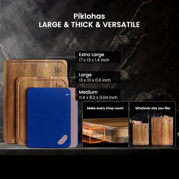 Juego de 7 tablas de cortar grandes, tabla de cortar de madera de acacia para cocina con soporte pies antideslizantes, alfombrillas de plástico para servir, ranura para jugo, bloque de carnicero - Imagen 8