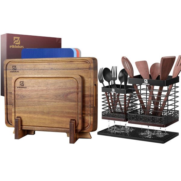 7 tablas de cortar de madera grandes+soporte para utensilios de cocina