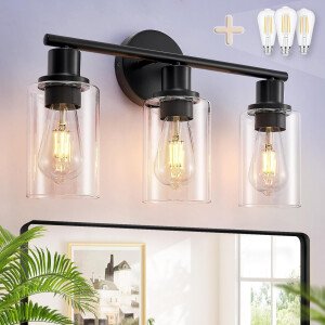DLLT - Lámpara de baño de 3 lámparas: luces negras modernas con 3 bombillas E26, lámpara de pared de baño con pantalla de vidrio transparente para espejo, cocina, sala de estar, pasillo, armario,