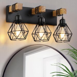 Lámpara de tocador de granja para baño, 3 luces de madera para tocador de baño, apliques rústicos con pantalla de metal para sala de estar, dormitorio, pasillo