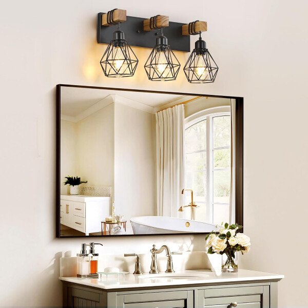Lámpara de tocador de granja para baño, 3 luces de madera para tocador de baño, apliques rústicos con pantalla de metal para sala de estar, dormitorio, pasillo - Imagen 2