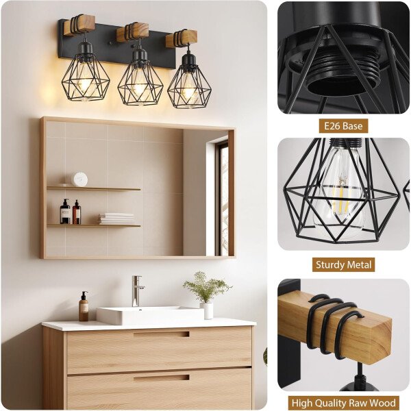 Lámpara de tocador de granja para baño, 3 luces de madera para tocador de baño, apliques rústicos con pantalla de metal para sala de estar, dormitorio, pasillo - Imagen 3
