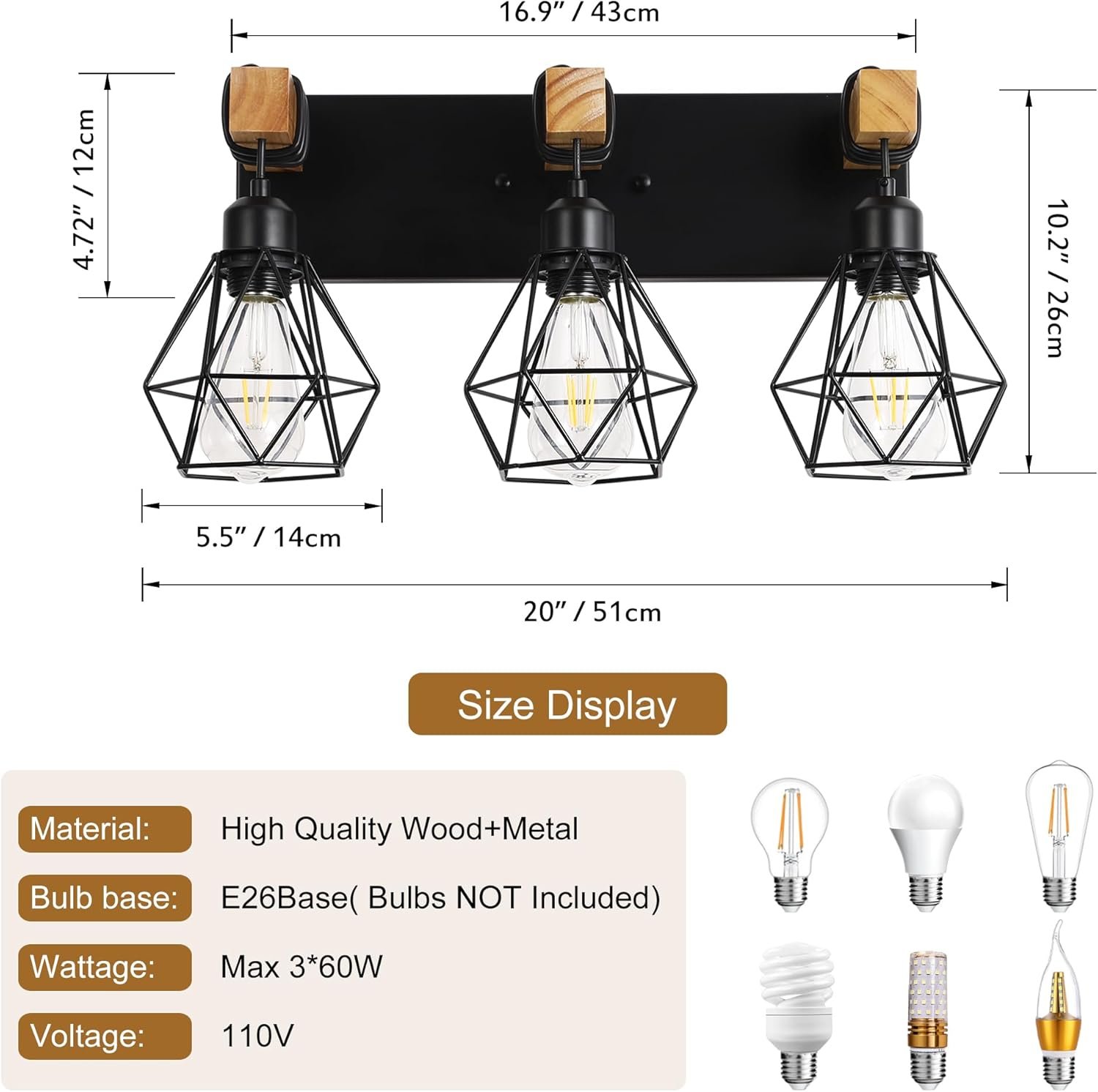 Lámpara de tocador de granja para baño, 3 luces de madera para tocador de baño, apliques rústicos con pantalla de metal para sala de estar, dormitorio, pasillo - Imagen 4