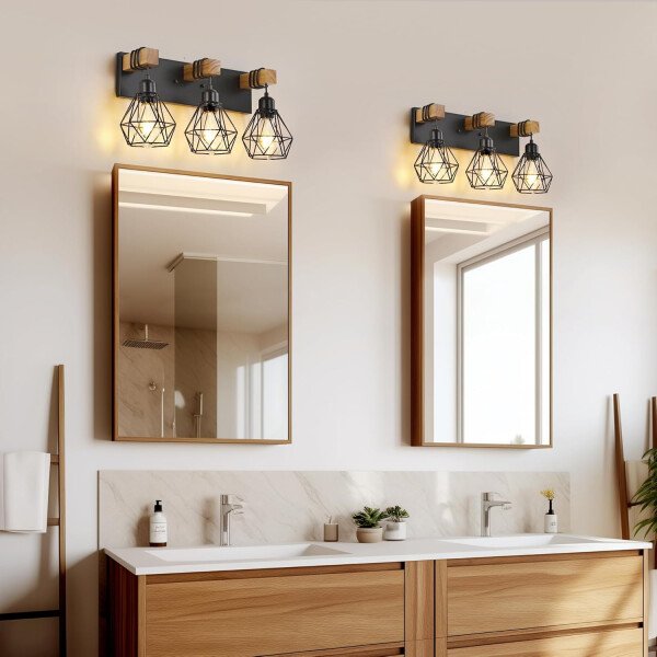 Lámpara de tocador de granja para baño, 3 luces de madera para tocador de baño, apliques rústicos con pantalla de metal para sala de estar, dormitorio, pasillo - Imagen 5