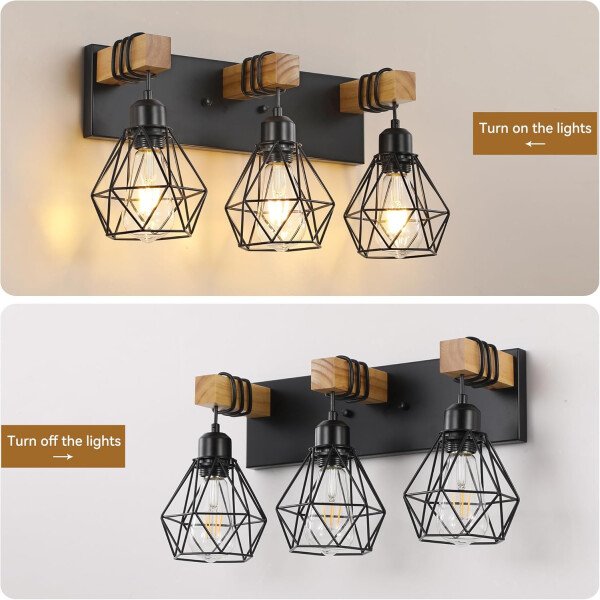 Lámpara de tocador de granja para baño, 3 luces de madera para tocador de baño, apliques rústicos con pantalla de metal para sala de estar, dormitorio, pasillo - Imagen 6