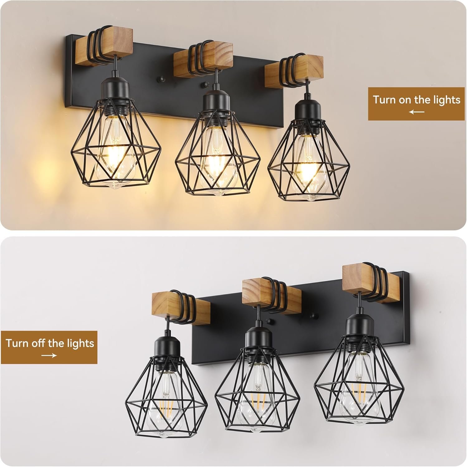 Lámpara de tocador de granja para baño, 3 luces de madera para tocador de baño, apliques rústicos con pantalla de metal para sala de estar, dormitorio, pasillo - Imagen 6