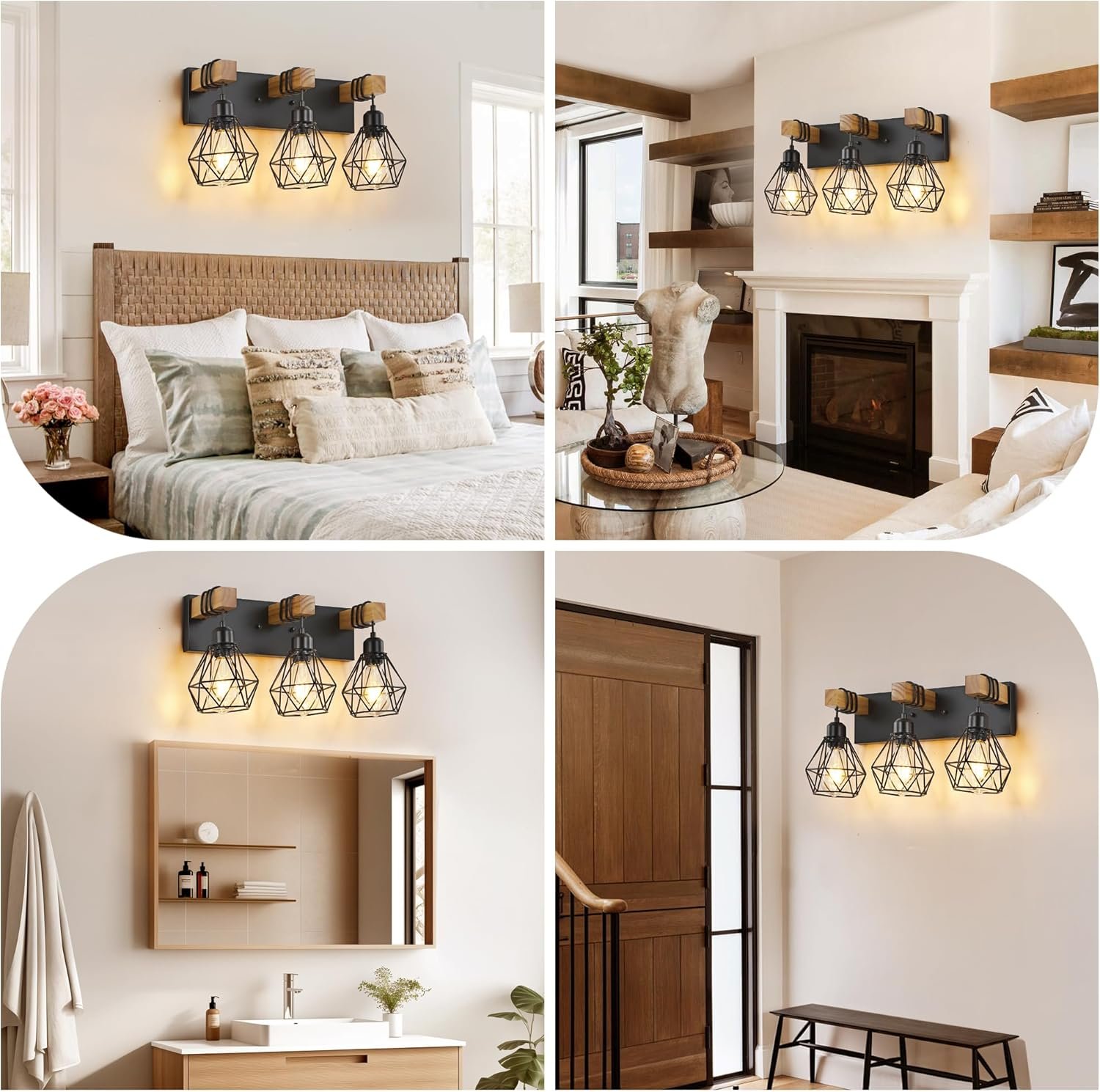 Lámpara de tocador de granja para baño, 3 luces de madera para tocador de baño, apliques rústicos con pantalla de metal para sala de estar, dormitorio, pasillo - Imagen 7