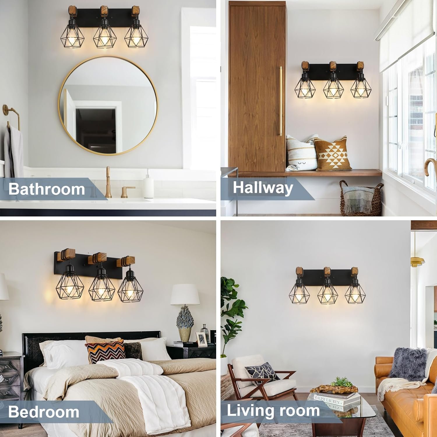Lámpara de tocador de granja para baño, 3 luces de madera para tocador de baño, apliques rústicos con pantalla de metal para sala de estar, dormitorio, pasillo - Imagen 8