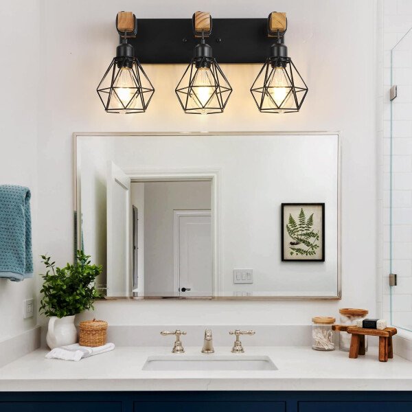 Lámpara de tocador de granja para baño, 3 luces de madera para tocador de baño, apliques rústicos con pantalla de metal para sala de estar, dormitorio, pasillo - Imagen 9