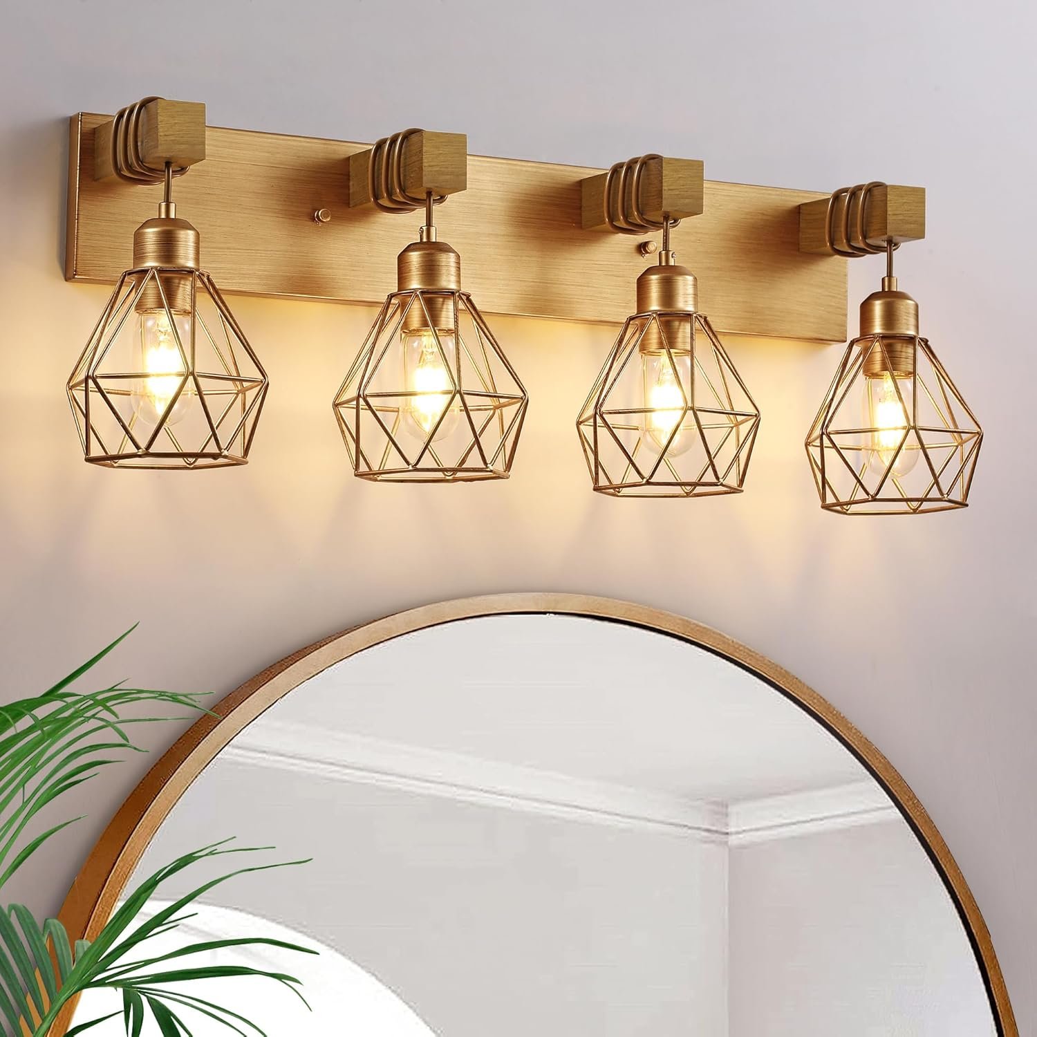 Lámpara de tocador de granja para baño, 3 luces de madera para tocador de baño, apliques rústicos con pantalla de metal para sala de estar, dormitorio, pasillo - Imagen 10