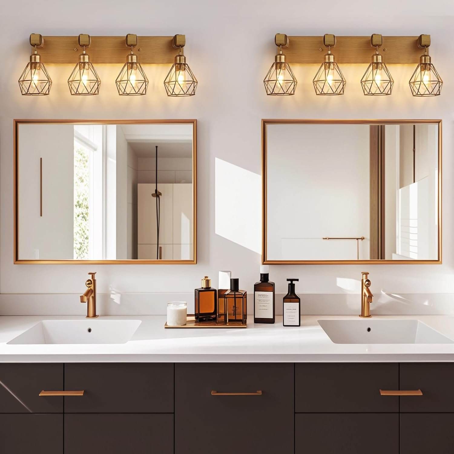 Lámpara de tocador de granja para baño, 3 luces de madera para tocador de baño, apliques rústicos con pantalla de metal para sala de estar, dormitorio, pasillo - Imagen 11