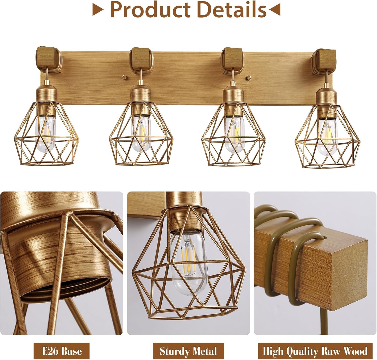 Lámpara de tocador de granja para baño, 3 luces de madera para tocador de baño, apliques rústicos con pantalla de metal para sala de estar, dormitorio, pasillo - Imagen 12