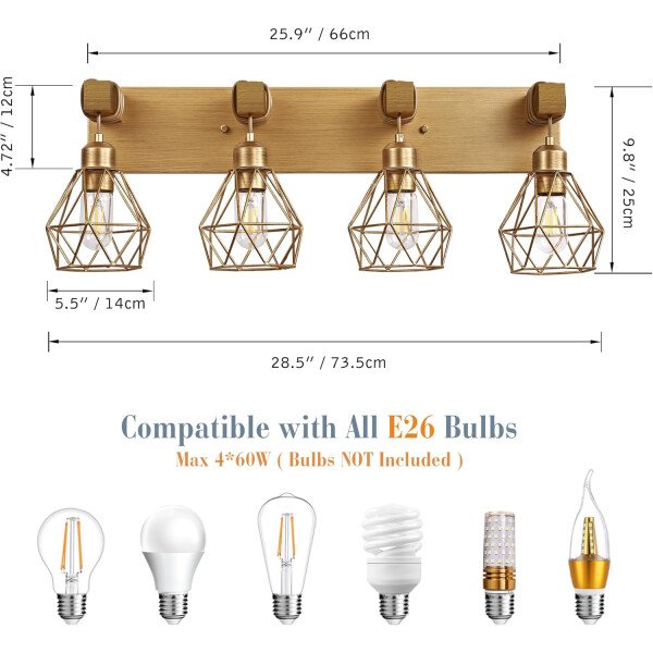 Lámpara de tocador de granja para baño, 3 luces de madera para tocador de baño, apliques rústicos con pantalla de metal para sala de estar, dormitorio, pasillo - Imagen 13