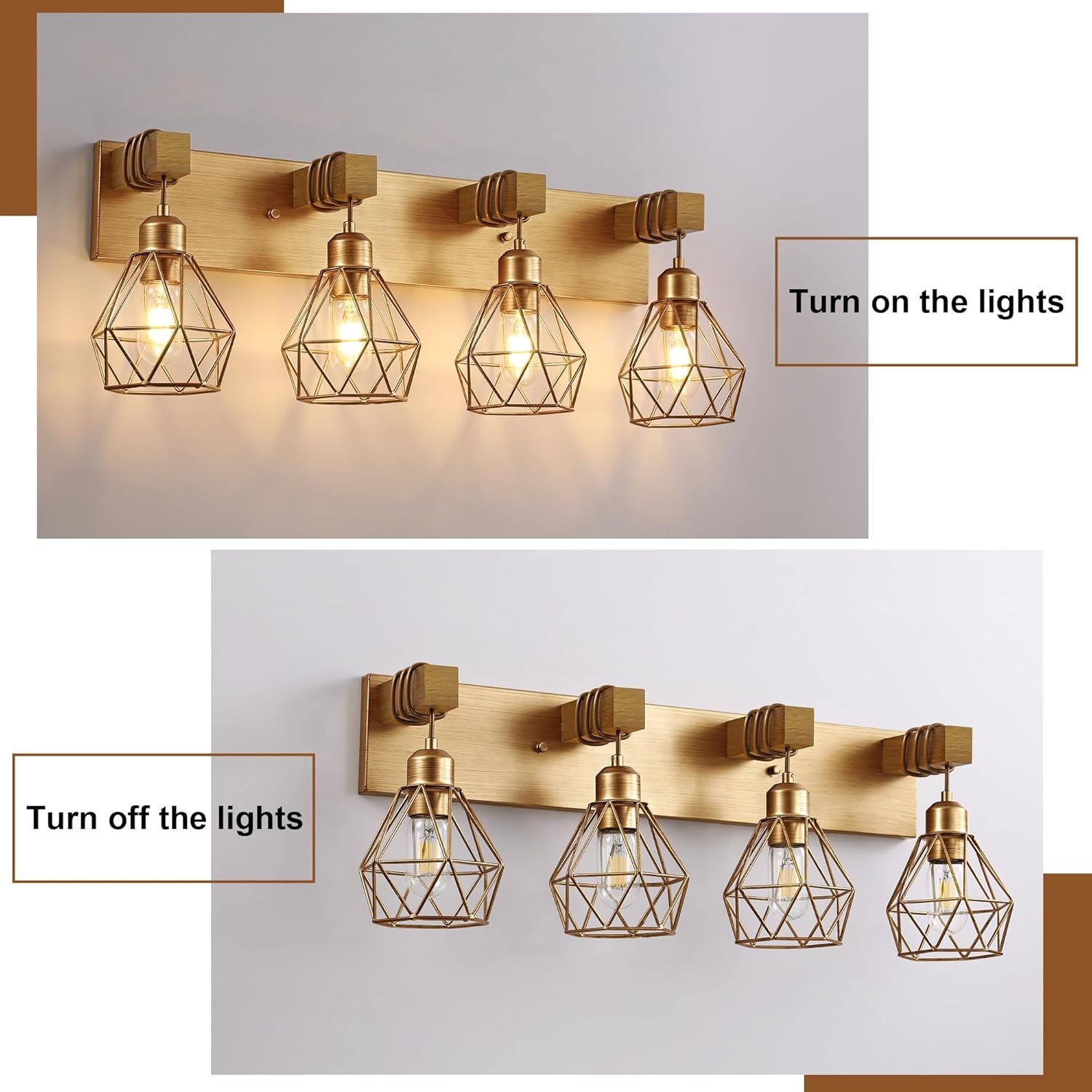 Lámpara de tocador de granja para baño, 3 luces de madera para tocador de baño, apliques rústicos con pantalla de metal para sala de estar, dormitorio, pasillo - Imagen 14