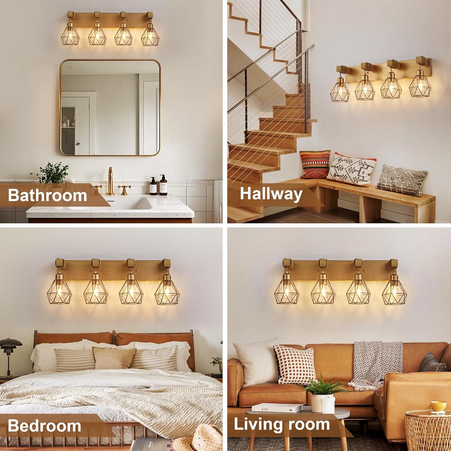 Lámpara de tocador de granja para baño, 3 luces de madera para tocador de baño, apliques rústicos con pantalla de metal para sala de estar, dormitorio, pasillo - Imagen 15