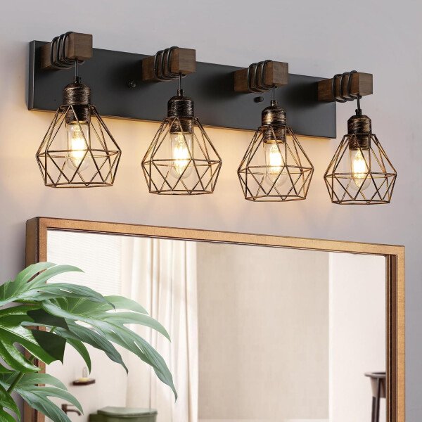 Lámpara de tocador de granja para baño, 3 luces de madera para tocador de baño, apliques rústicos con pantalla de metal para sala de estar, dormitorio, pasillo - Imagen 17
