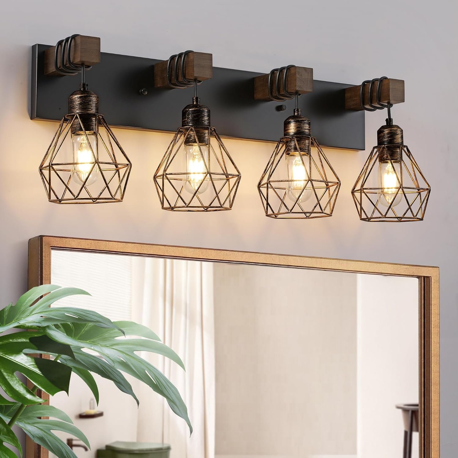 Lámpara de tocador de granja para baño, 3 luces de madera para tocador de baño, apliques rústicos con pantalla de metal para sala de estar, dormitorio, pasillo - Imagen 17