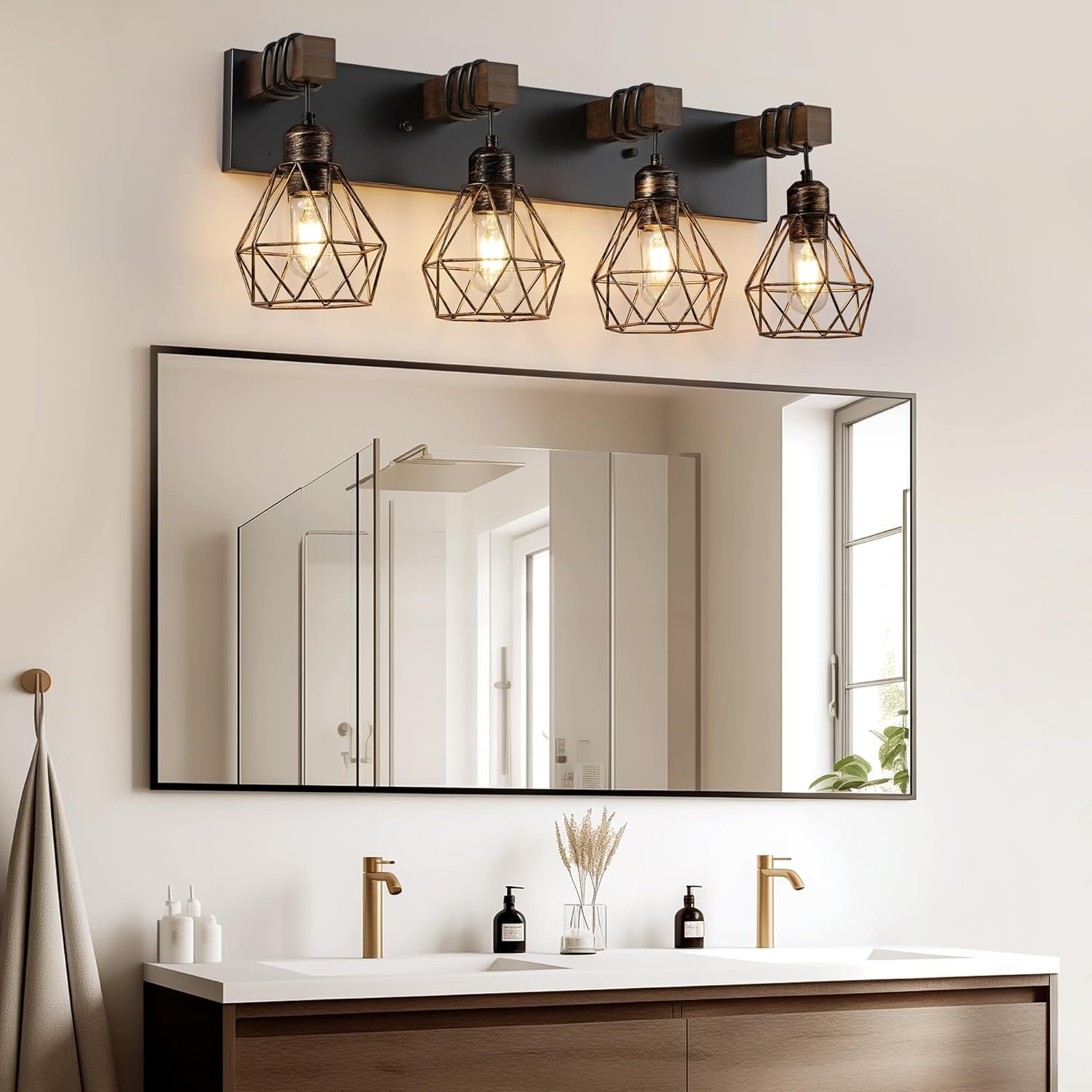 Lámpara de tocador de granja para baño, 3 luces de madera para tocador de baño, apliques rústicos con pantalla de metal para sala de estar, dormitorio, pasillo - Imagen 18