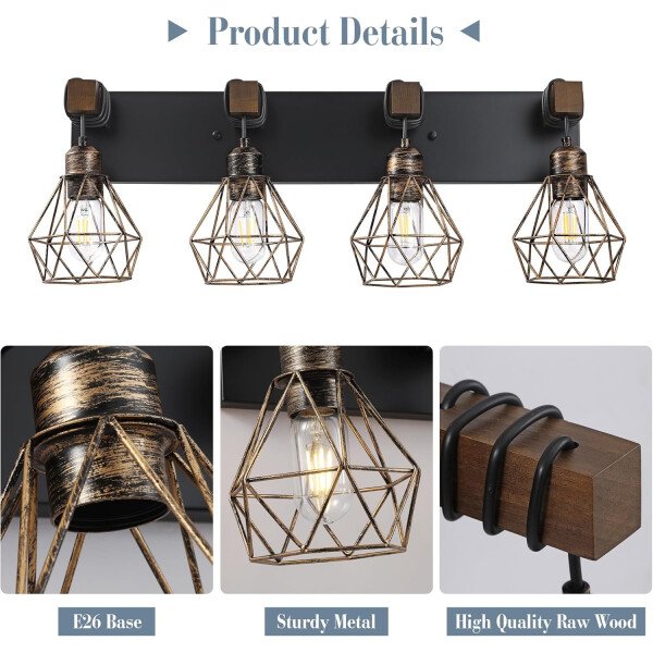 Lámpara de tocador de granja para baño, 3 luces de madera para tocador de baño, apliques rústicos con pantalla de metal para sala de estar, dormitorio, pasillo - Imagen 19