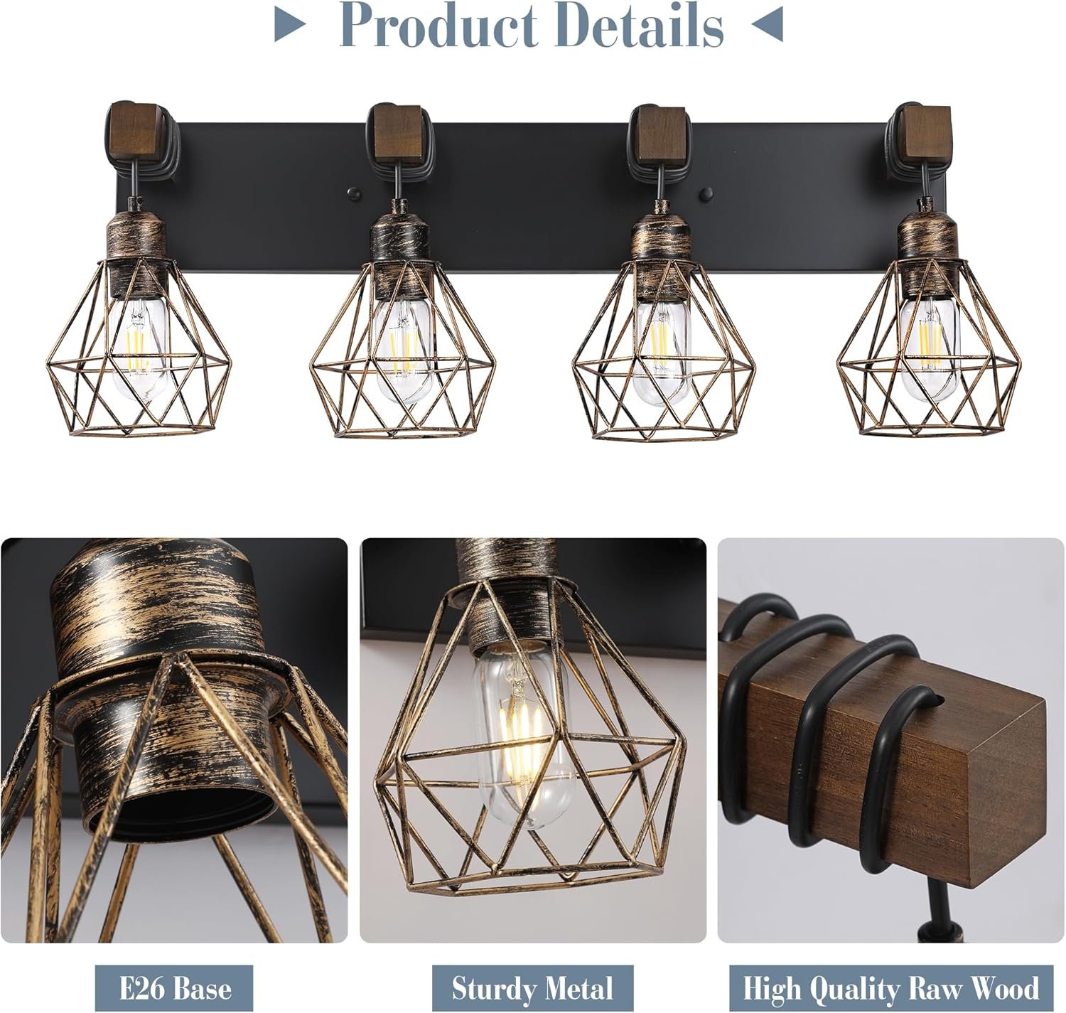 Lámpara de tocador de granja para baño, 3 luces de madera para tocador de baño, apliques rústicos con pantalla de metal para sala de estar, dormitorio, pasillo - Imagen 19